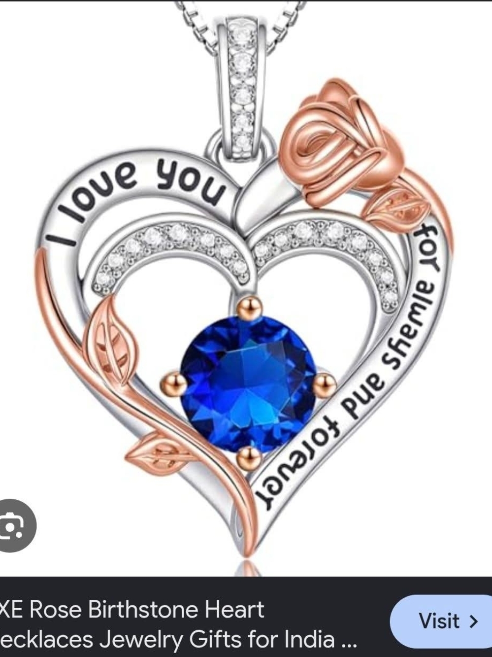 Rose & Silver Heart Necklace with September Birthstone